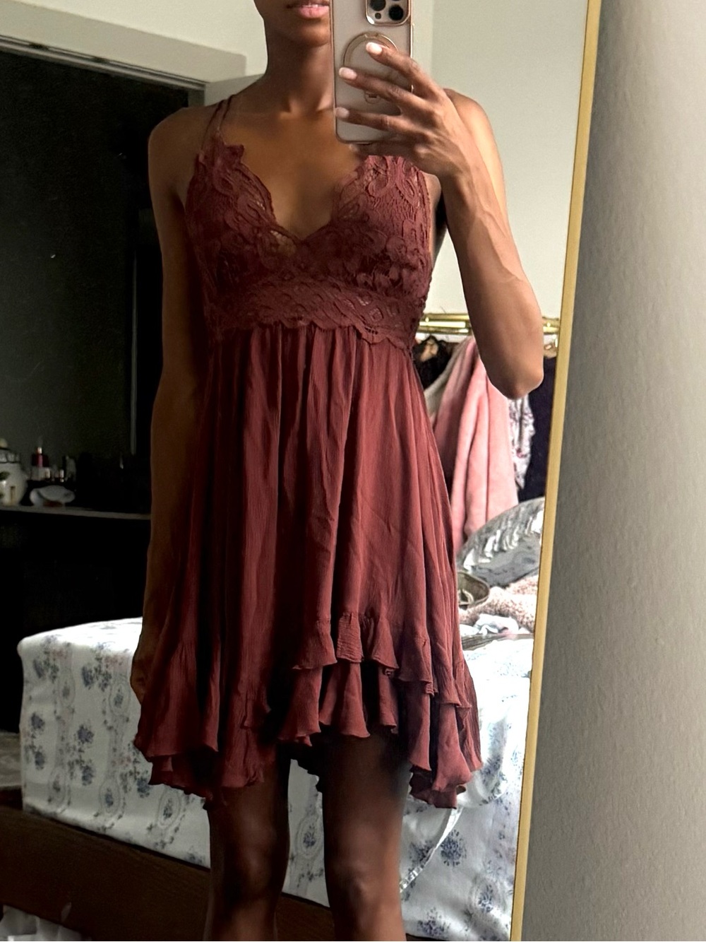 Free People Adella Mini Slip Dress in Cocoa - Picture 2 of 6
